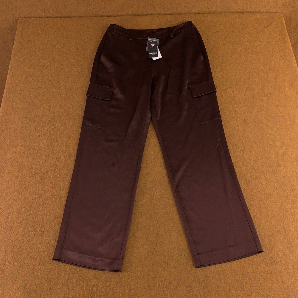 Guess Womens Medium Pure Choco Flat Front Pockets Megan Satin Cargo Pants NWT